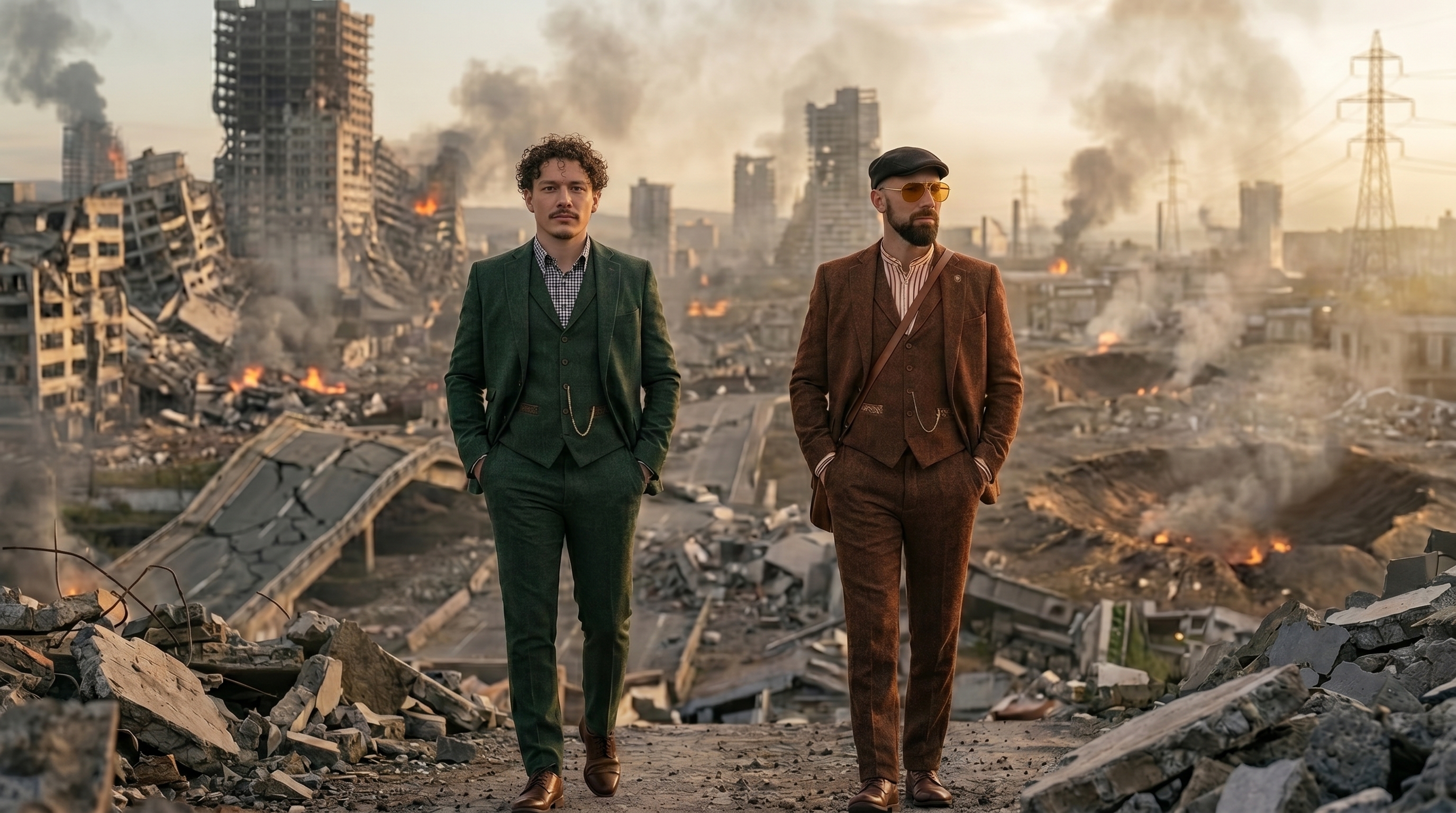 Donal and Tomas in suits standing in a destroyed cityscape